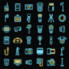 Poster - photo equipment icons set. outline set of photo equipment vector icons neon color on black