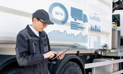 Poster - Manager with a digital tablet next to garbage truck