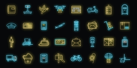 Poster - Mailman carrier icons set. Outline set of mailman carrier vector icons neon color on black
