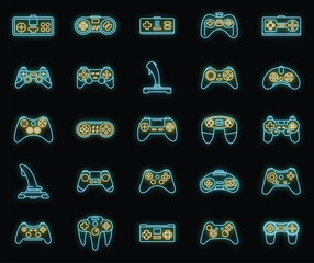 Poster - gaming joystick icons set. outline set of gaming joystick vector icons neon color on black