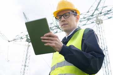 Poster - Engineer with digital tablet on a background of power line tower.