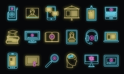 Wall Mural - Online interactive learning icons set. Outline set of online interactive learning vector icons neon color on black