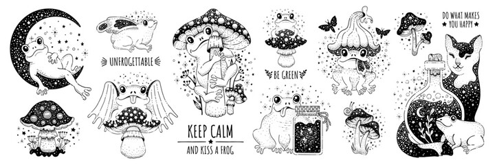 Wall Mural - Cute animal characters, frogs, toads and cat with mushrooms, flowers and butterfly wings. Outline drawing set of funny frogs with positive slogans. Witch and forest icons. Vector sketch illustration