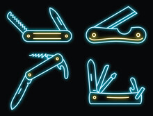Multifunction Penknife Icons Set. Outline Set Of Multifunction Penknife Vector Icons Neon Color On Black