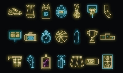 Poster - Basketball game equipment icons set. Outline set of basketball game equipment vector icons neon color on black