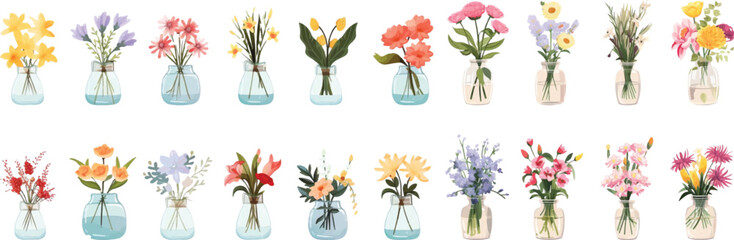 Sticker - Set of cute childish flower vases drawn on a white background.