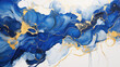 Royal blue golden flower swirls on a pure white background in radiant marbled ink - a celebration of fluid artistry