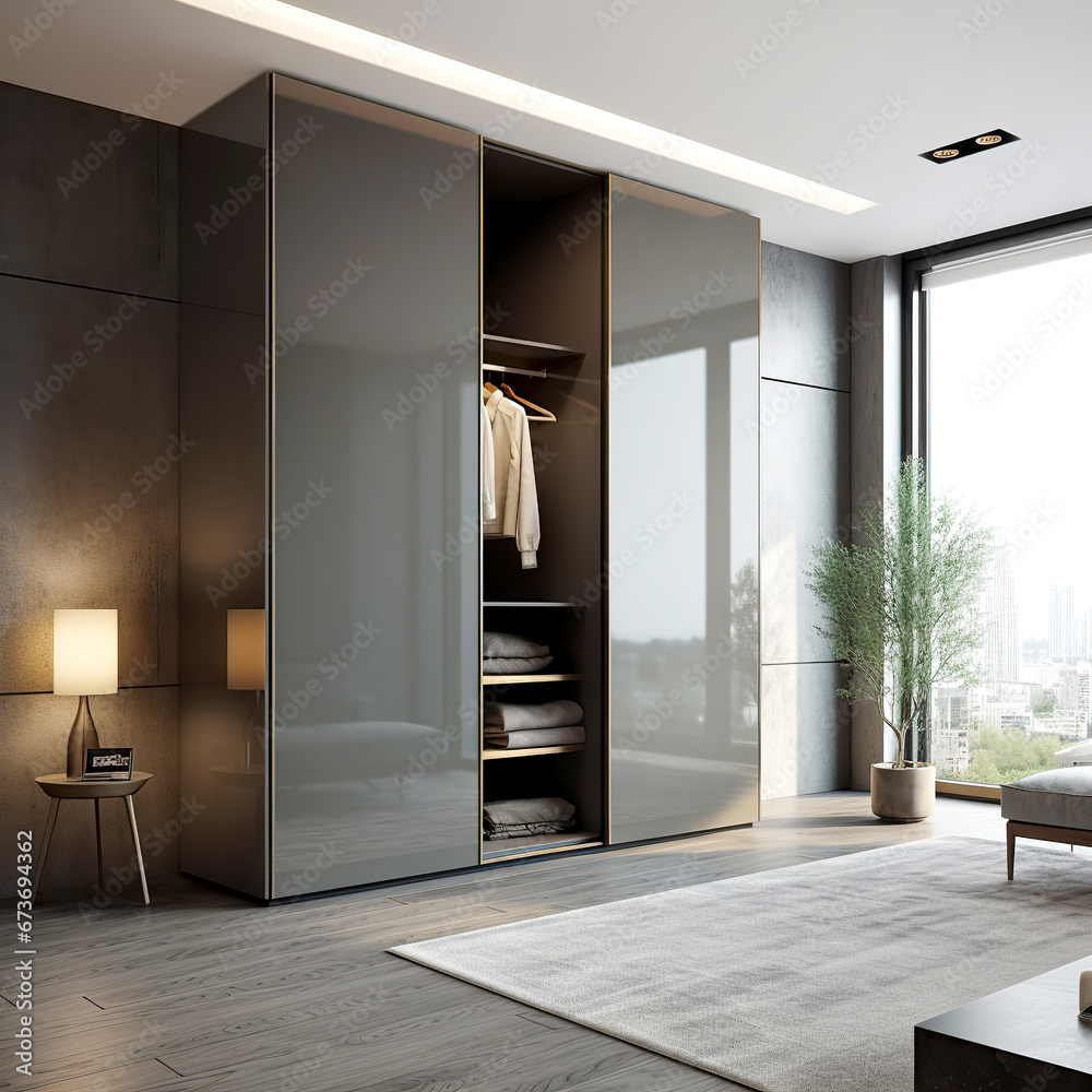 Grey wardrobe with glossy sliding doors in minimalist style interior design  of modern bedroom. Stock Illustration | Adobe Stock, image size:1000x1000