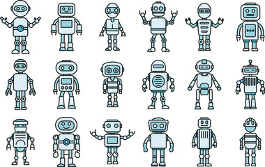 Poster - humanoid robot icons set. outline set of humanoid robot vector icons thin line color flat on white