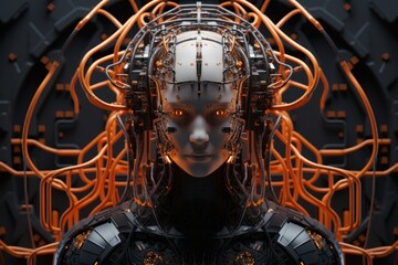 a mechanical masterpiece adorned with intricate wires, the robot's head serves as a canvas for a wil