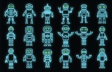 Canvas Print - Humanoid robot icons set. Outline set of humanoid robot vector icons neon color on black