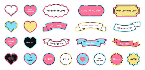 Poster - Valentine's Day cute sticker pack with heart symbols and different round and wavy badges. Labels with short cheerful phrases. Vector illustration.