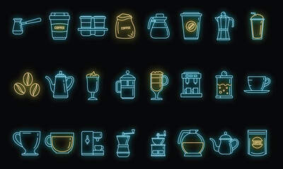 Canvas Print - Barista coffee icons set. Outline set of barista coffee vector icons neon color on black