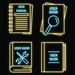 Poster - user guide book icons set. outline set of user guide book vector icons neon color on black