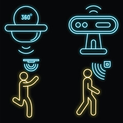 Poster - Motion sensor detector icons set. Outline set of motion sensor detector vector icons neon color on black