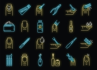 Sticker - Nail manicure icons set. Outline set of nail manicure vector icons neon color on black