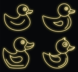 Poster - Duck icons set. Outline set of duck vector icons neon color on black