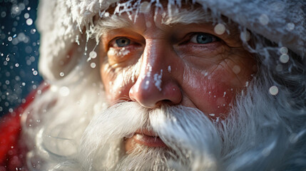 Wall Mural - Santa crafts delicate snowflake from crystal-clear ice reflecting light of snowy landscape