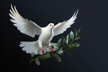 Logo Of White Bird On The Branch Of Tree On Dark Background.