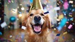 Cheerful and adorable golden retriever dog donning a party hat, joyfully celebrating at a birthday gathering while surrounded by descending confetti