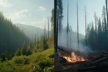 Comparative Images Showing A Vibrant, Green Forest Alongside The Same Forest Ravaged By Wildfire, Emphasizing The Dramatic Effects Of Climate Change On Natural.