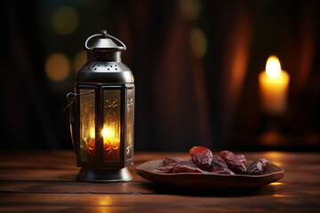 Beautiful background with lamp and dried fruits on a plate, Ramadan theme.generative ai