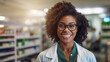 Courteous smiling black female pharmacist in white coat assists clients in pharmacy providing advice and help with medications, knowledgeable pharmacist care of customers health