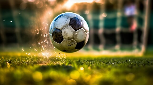 Blurred motion of a soccer ball being kicked into th  AI generated illustration