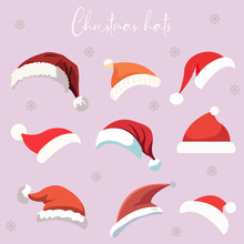 Vector Set Of Christmas Santa Claus Hats With Pompom In Flat And Realistic Styles On Isolated Background.

