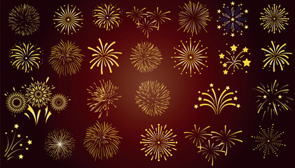 Wall Mural - golden fireworks, firework vector illustration on dark background, bursting rockets, sparkling spark