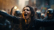 Screaming woman with raised fist on blurred background of riot police
