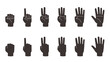 Black hands counting icons. Calculating gesture, human arms silhouettes, front and back view, different fingers numbers, interactive communication signs nowaday vector cartoon flat isolated set