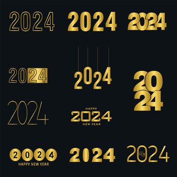 Set of golden 2024 happy new year, gold 2024 new year