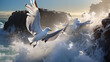 seagulls with waves crashed background
