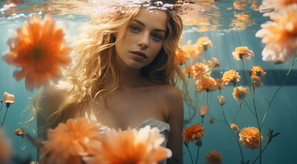 Wall Mural - Portrait of a romantic woman underwater with flowers, blue water, orange yellow flowers