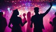 © abu - silhouettes of people dancing at a crowded party at midnight, colorful lights and smoke at background