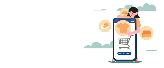 Poster - woman pointing at the screen to buy online store. shopping online concept. Remote modern shopping using technology from anywhere. vector illustration.