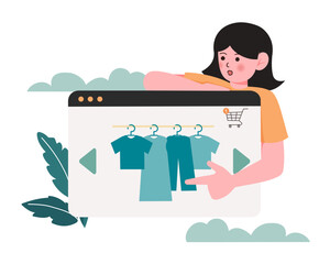 Poster - woman pointing at the screen to buy online store. shopping online concept. Remote modern shopping using technology from anywhere. vector illustration.
