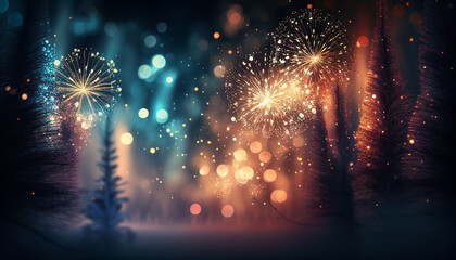 Wall Mural - jolly winter bokeh background including vibrant fireworks