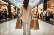 elegantly dressed woman stands with shopping bags in a shopping center with fashion stores - theme consumption and fashion shopping