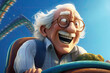 A cartoon style 3D rendering of an elderly man riding a roller coaster.
