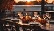 Autumn outdoor dinner table on patio, sunset