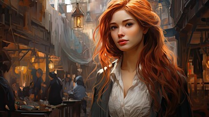 Wall Mural - an 18 year old vibrant red hair woman in a victorian times setting