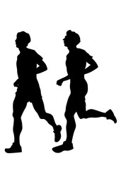 Man athletes on running race on white background