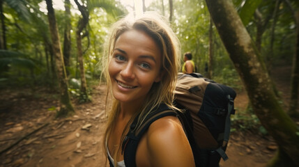 Wall Mural - Portrait of a female hiking in a forest. Happy, smiling and looking. Cheerful forest hiker