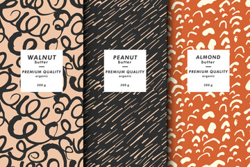 Wall Mural - Vector illustration set of templates contemporary abstract cover and patterns for nuts butter packaging with labels. Minimal modern backgrounds