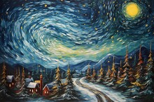 A Painted Christmas Street Scene Featuring A Snow Covered Town With Glowing Lights And A Large Fir Trees And A Starry Nights Sky In A Post Impressionist Vincent Van Gogh Style