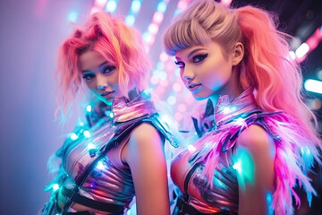 Young beautiful girls at a crazy cyber neon party in electro costumes