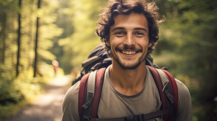 Wall Mural - Portrait of a man or male hiking in a forest. Happy, smiling and looking. Cheerful forest hiker