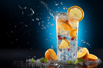 An isotonic drink filling with ice and several fresh fruits before a dark blue background